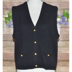 Vintage 80's Black Sleeveless V-Neck Sweater Gold Buttons Size M Preppy Academia